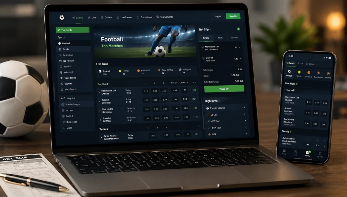 Laptop with bookmaker site on the table