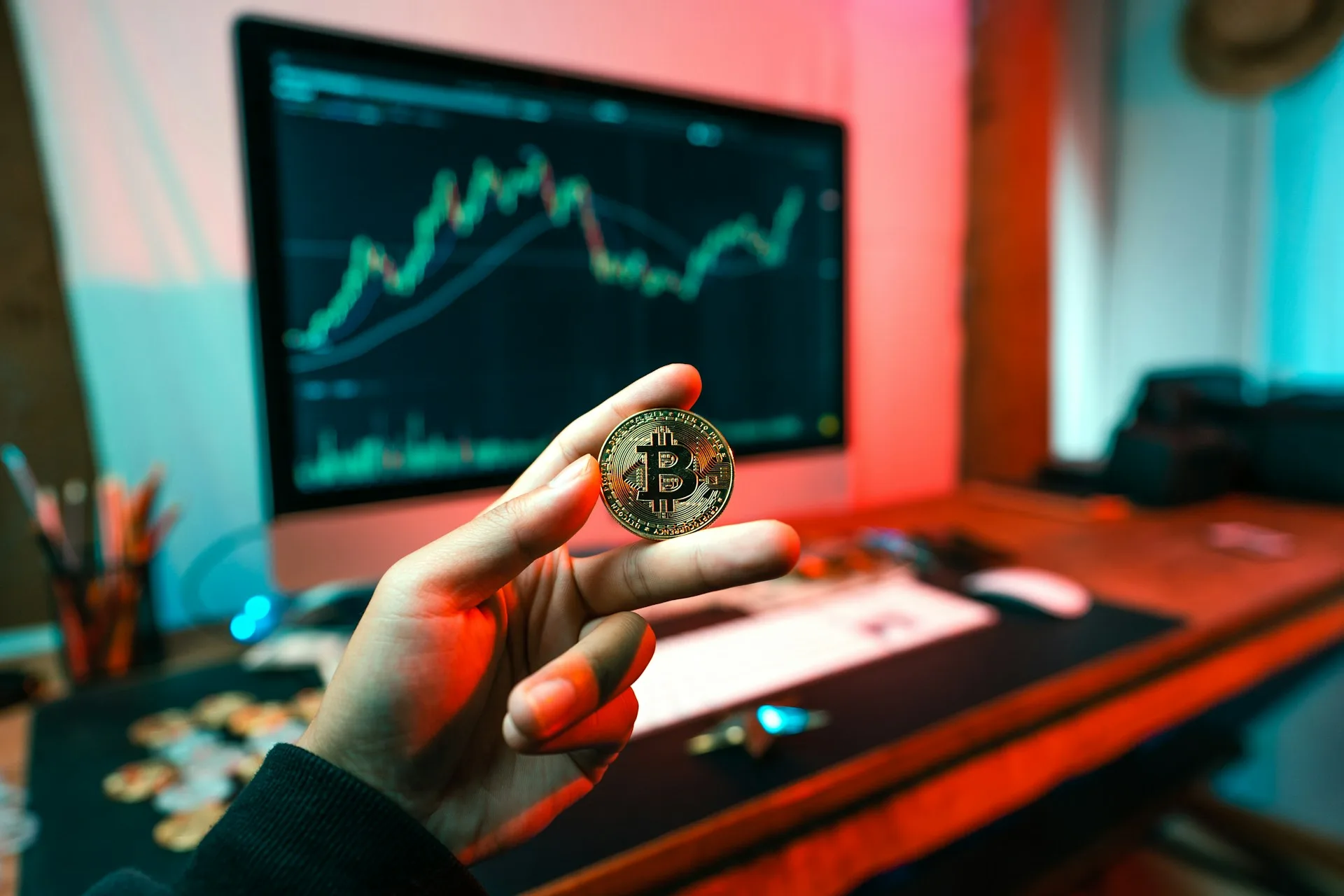 A person holding a coin in front of a computer